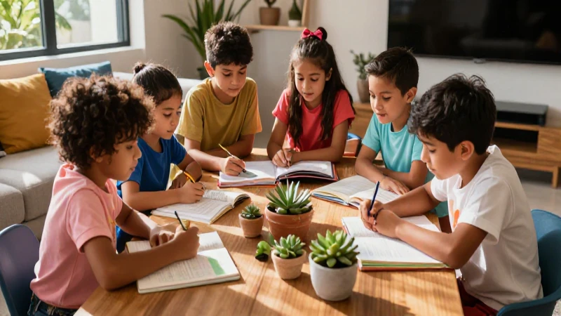 Niños entusiastas aprendiendo en casa soleada