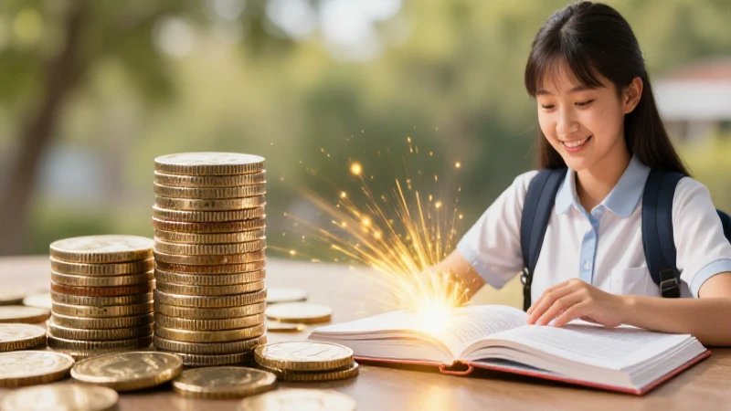 Ella me cambió por unas monedas: Reflexiones y lecciones 6 Estudiante sonriente y símbolos de conocimiento brillan
