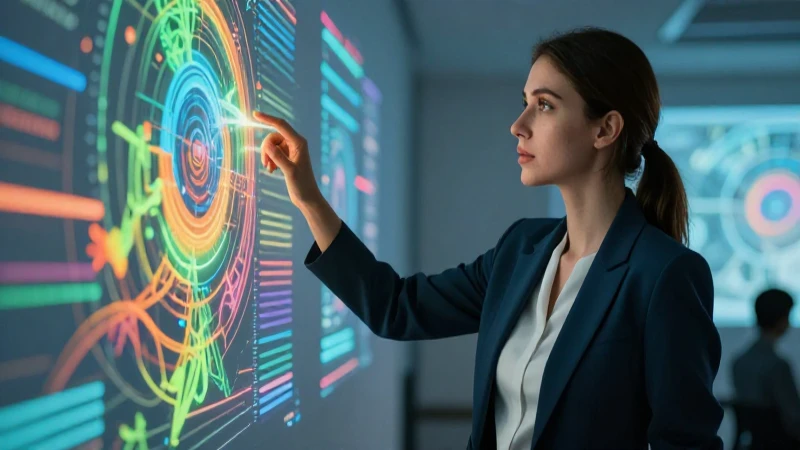 Educadora profesional interactúa con datos virtuales