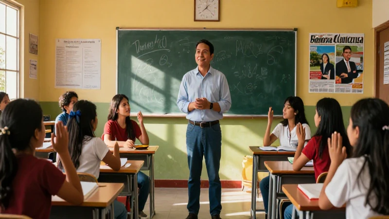 Líder educativo inspira a alumnos en un salón vibrante
