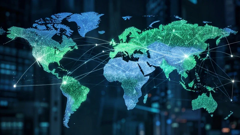 Red empresarial digital vibrante en mapa global