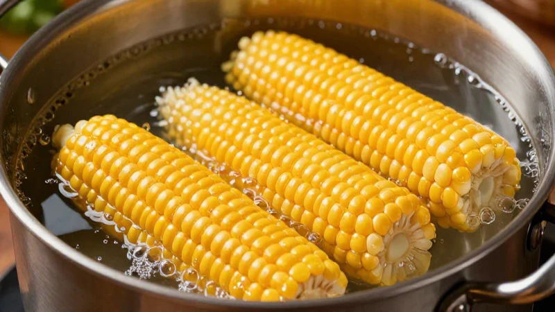 Elotes frescos en agua hirviendo, fotografía culinaria detallada