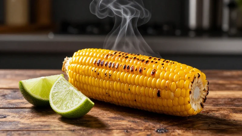 Fotografía cinematográfica de elote asado y vibrante