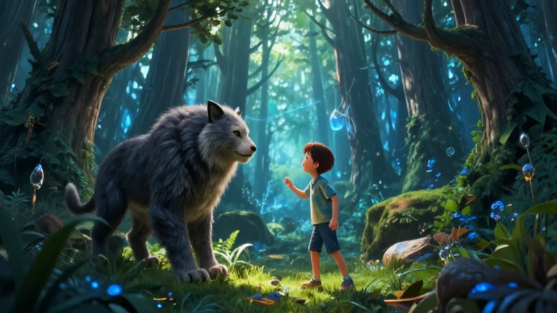Niño interactúa con sabio animal en bosque mágico