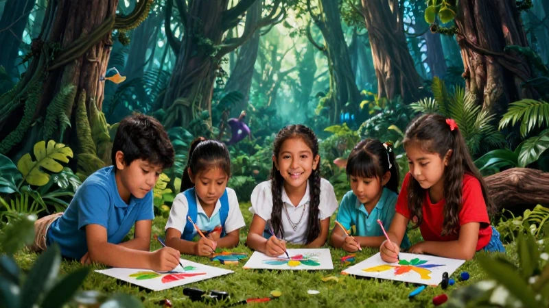 Niños mexicanos felices crean arte mágico en el bosque
