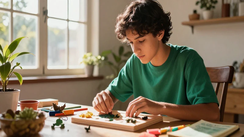Estudiante aprende con materiales mexicanos bajo luz intensa