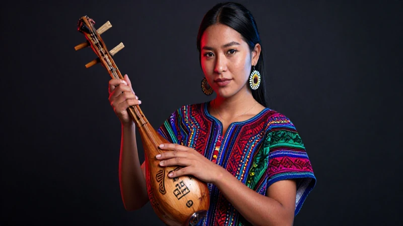 Mujer Kiche moderna con vestimenta tradicional y un instrumento