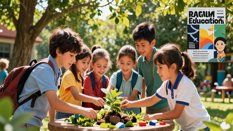 Niños felices en proyecto sostenible vibrante