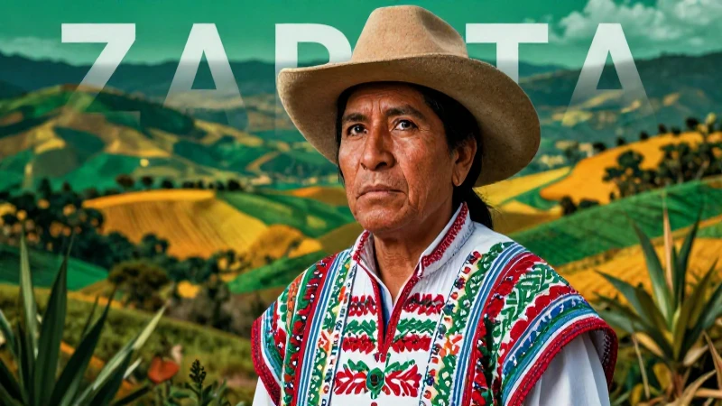 Líder zapatista vibrante en un paisaje mexicano dramático