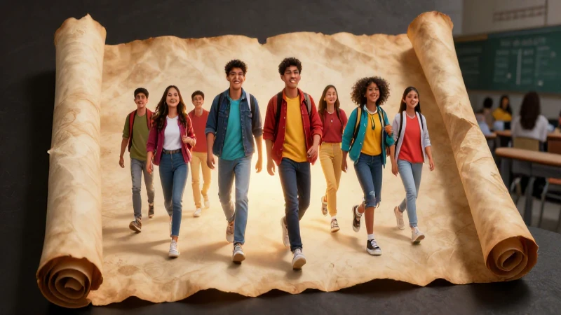 Ilustración vibrante de jóvenes estudiantes mexicanos en un pergamino mágico