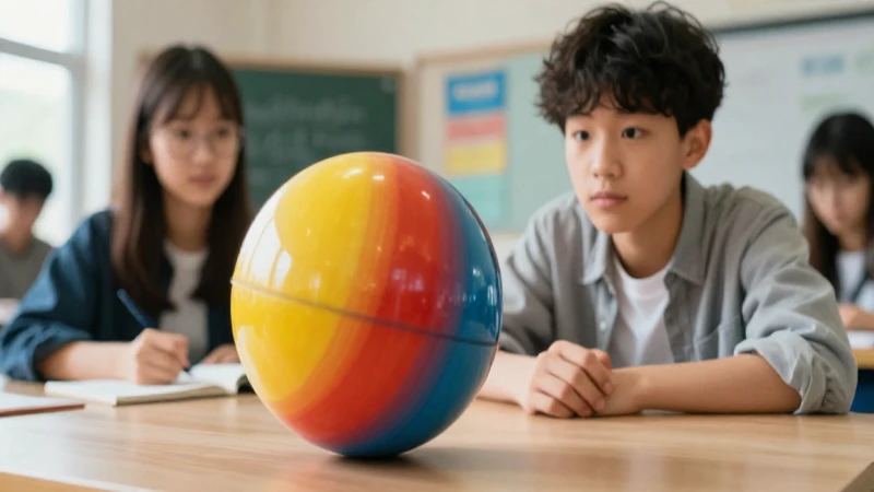 Joven observa esfera brillante en aula moderna