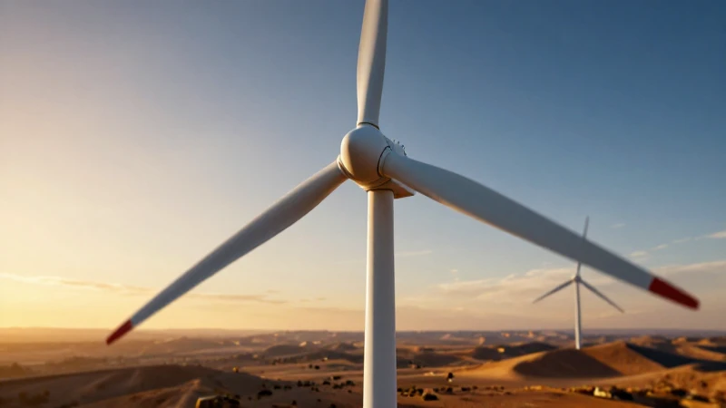 Turbina moderna destaca en paisaje árido al atardecer