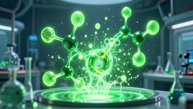 Moléculas verdes vibrantes en laboratorio futurista