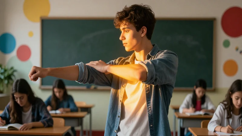 Estudiante joven con luz dorada en aula moderna