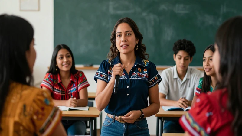 Domina la pedagogía de la nueva escuela mexicana: ¡Descarga PDF gratis! 3 Maestra mexicana alegre y aula cultural vibrante
