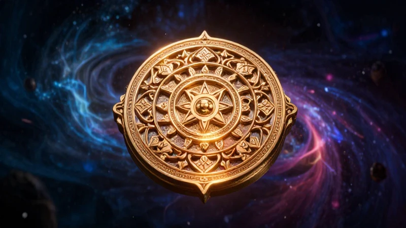 Enigmas: definición y concepto de un enigma Impresionante 4 Reliquia histórica brillante con misterioso fondo cósmico
