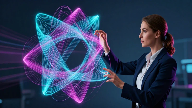 Mujer analizando estructuras geométricas complejas en estilo educativo