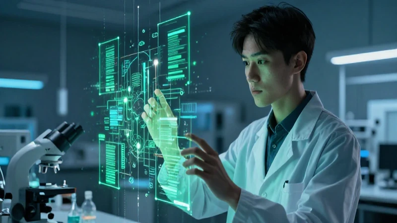 Investigador estudia datos éticos en laboratorio moderno
