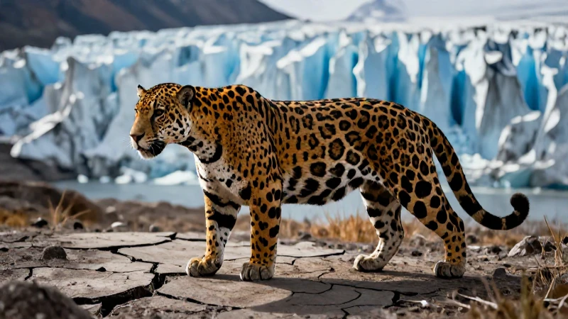 Jaguar salvaje sobre tierra árida y glaciar
