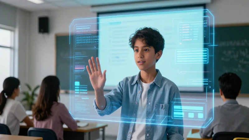 Estudiante mexicano en aula holográfica moderna