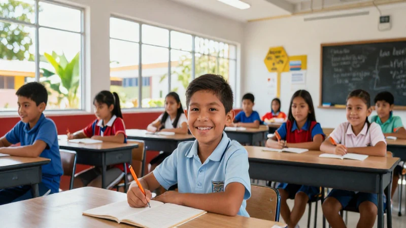 Estudiantes mexicanos alegres en aula moderna y luminosa