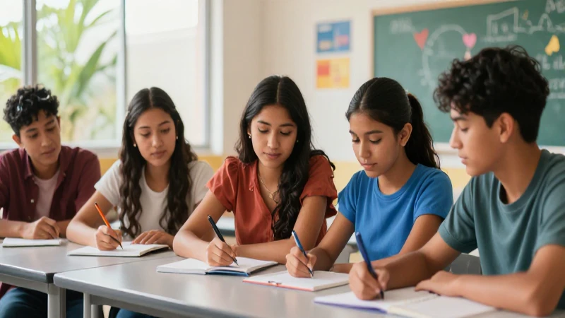 Estudiantes mexicanos diversos colaboran en aula moderna