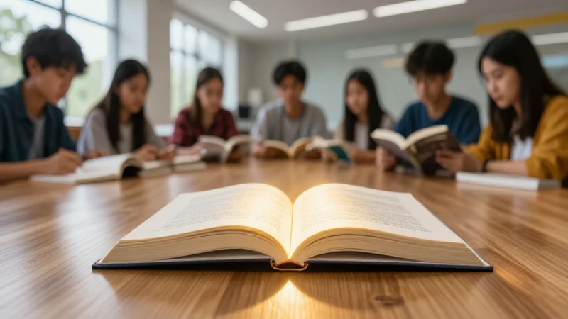 Libro brillante en mesa rodeado de jóvenes estudiantes