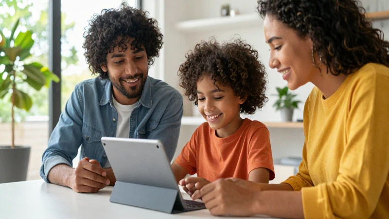 Cómo funciona Enseñas y Aprende en Casa en Chile 5 Niño alegre con padres aprendiendo en casa moderna