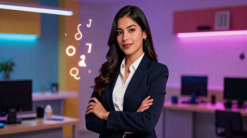 Joven académica mexicana rodeada de símbolos luminosos