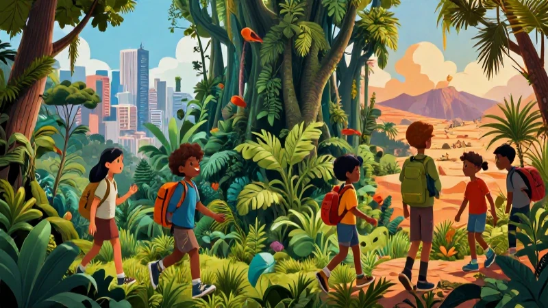 Entorno: qué es, definición y conceptos clave explicados 3 Niños aprendiendo ecosistemas vibrantes
