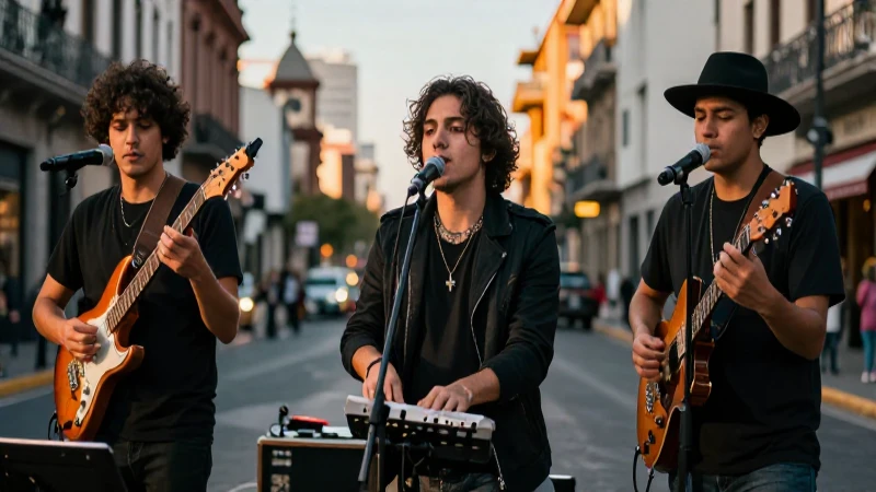 Músicos en Santiago al atardecer dinámico
