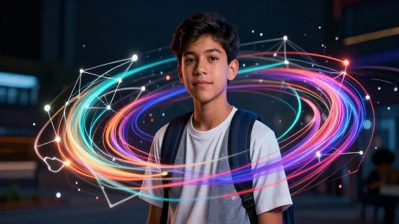 Estudiante mexicano con nodos luminosos futuristas