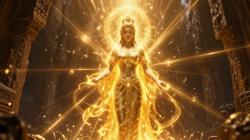 Figura divina dorada, luz celestial y misterio antiguo