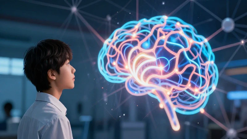 Joven frente a red neural brillante