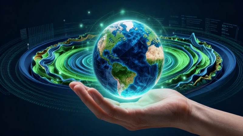 Mano sostiene Tierra brillante con datos y capas