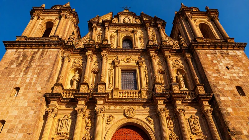 Fachada barroca colonial con ruinas mesoamericanas al atardecer