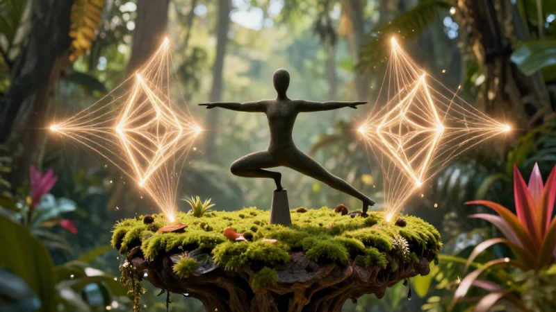 Figura estilizada con equilibrio perfecto en musgo brillante