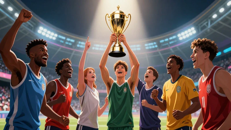 Equipo: Definición y concepto en el deporte explicado 6 Equipos celebran triunfo ante trofeo en estadio futurista