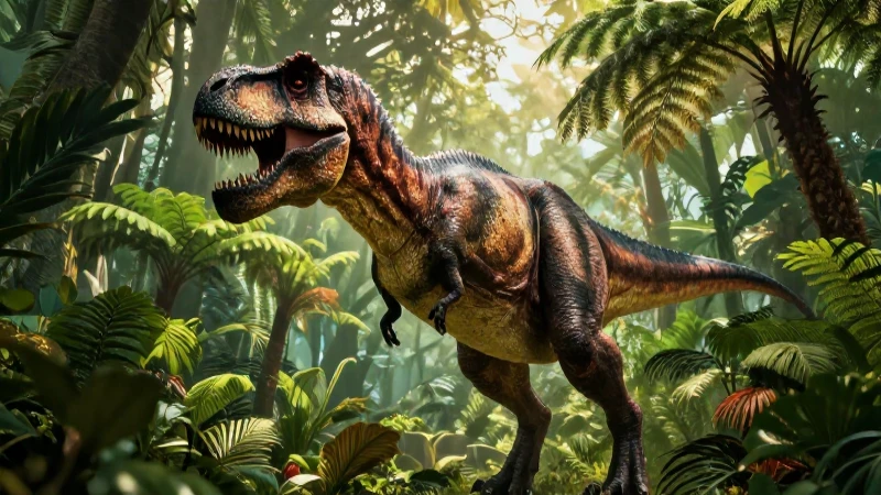 Era Cretácica: Clima, Flora y Fauna del Período Cretácico 8 T-Rex dinámico en jungla con luz dramática