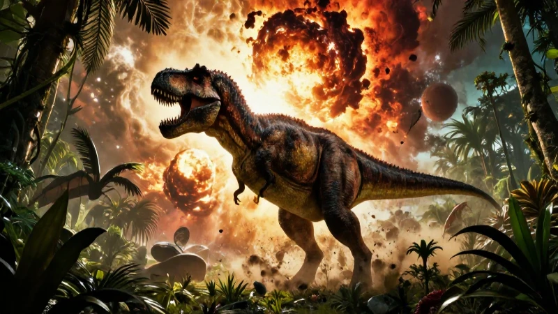 Era Cretácica: Clima, Flora y Fauna del Período Cretácico 7 T-Rex majestuoso contra impacto de asteroide
