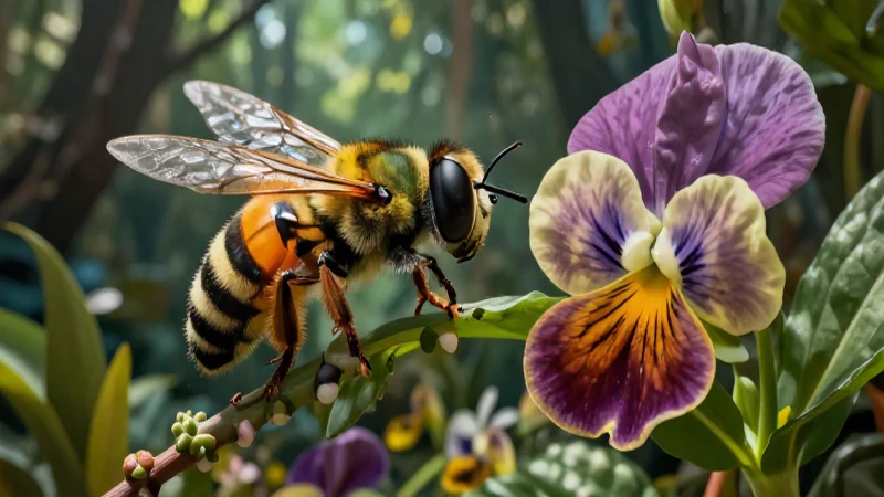 Era Cretácica: Clima, Flora y Fauna del Período Cretácico 5 Polinizador prehistórico en vibrante flor cretácica