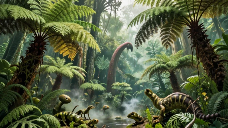 Ecosistema prehistórico exuberante en estilo ilustrativo