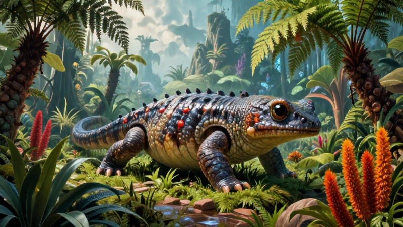 Anfibio majestuoso en paisaje prehistórico vibrante