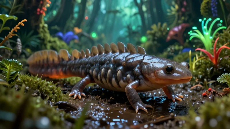 Anfibio prehistórico en un pantano bioluminiscente detallado