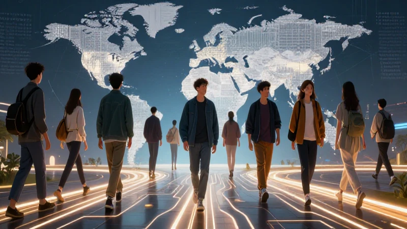 Es el movimiento de personas entre distintos países: Impacto 7 Jóvenes caminan por un mapa digital vibrante