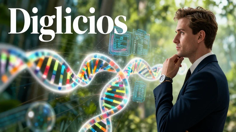 Figura contempla ADN holográfico con estética futurista