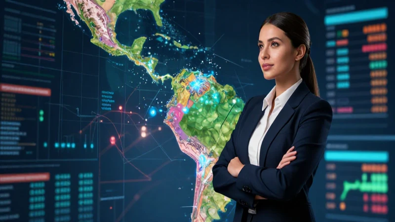 Profesional mexicano mirando mapa de crecimiento