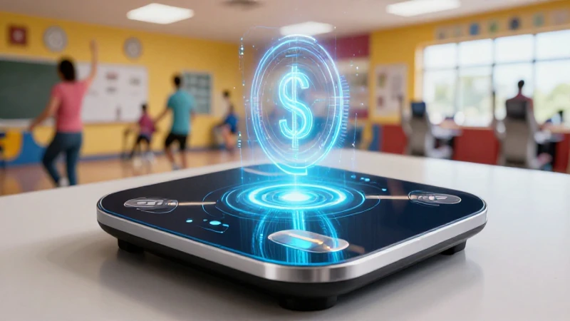 Balanza holográfica futurista en ambiente educativo mexicano
