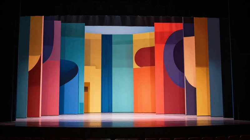 Escenario teatral vibrante y abstracto con iluminación dramática