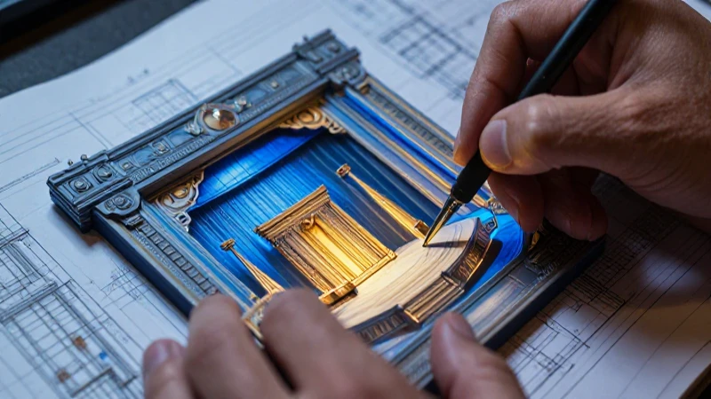 Manos esculpen un set teatral detallado con diseño arquitectónico